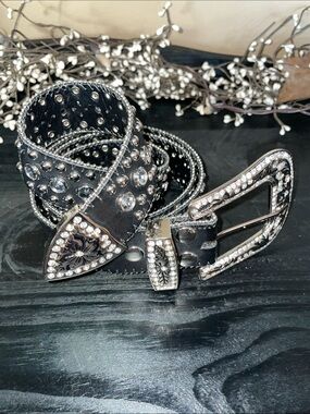 Black Rhinestone Studded Leather Western Belt - Women’s XXL